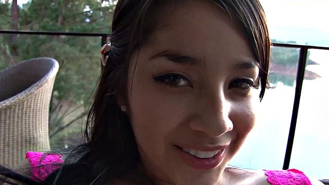 Watch Little Catalina with Big Tits Masturbate in a Sexy Brown Suit on the balcony