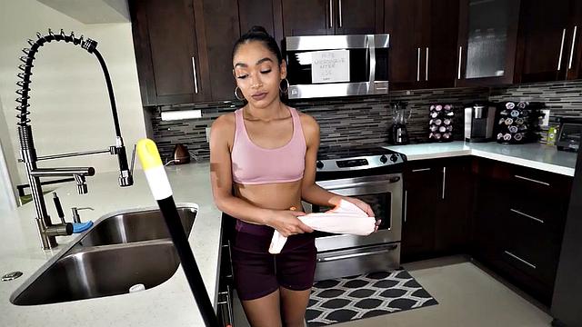 Kinky 21yo maid gets her wet pussy fingered & slammed hard in the kitchen