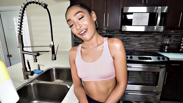 Kinky 21yo maid gets her wet pussy fingered & slammed hard in the kitchen