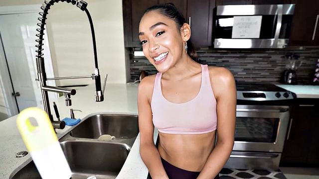 Kinky 21yo maid gets her wet pussy fingered & slammed hard in the kitchen