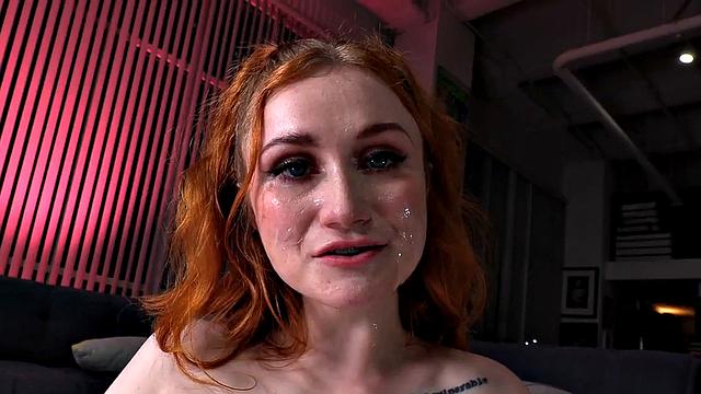 21yo amateur redhead wanks oiled cock in POV HJ