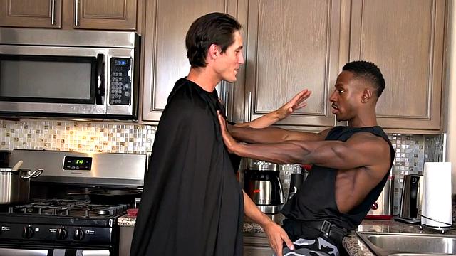 Buff jock rimmed in interracial couple by boyfriend