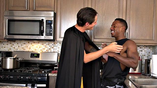 Buff jock rimmed in interracial couple by boyfriend