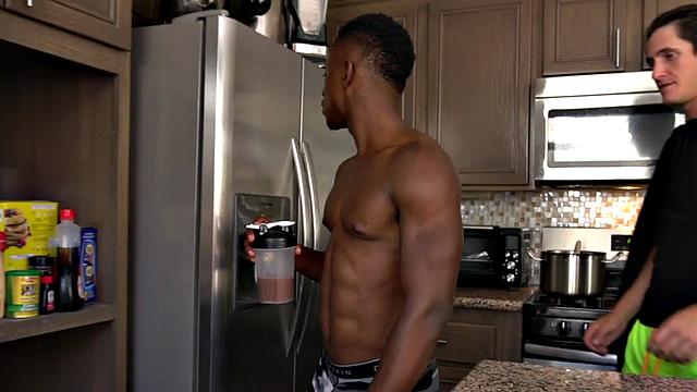 Buff jock rimmed in interracial couple by boyfriend