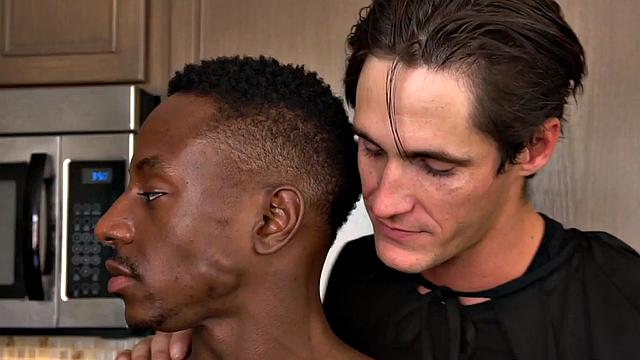 Buff jock rimmed in interracial couple by boyfriend