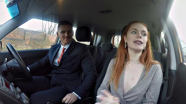 Redhead with glasses cheats on work by getting pounded from behind in cowgirl position