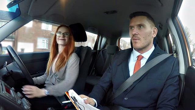 Redhead with glasses cheats on work by getting pounded from behind in cowgirl position