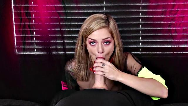 Teasing POV CFNM babe with tattoos sucks cock