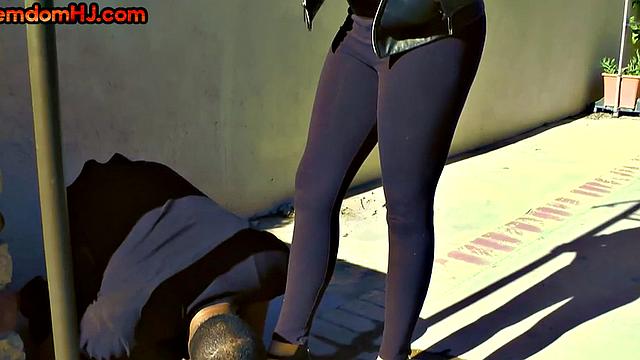 HJ domina titfucks black dick outdoors till cum on tits