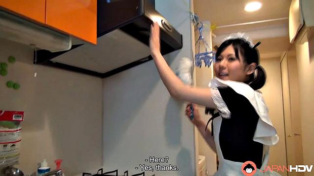 Mai Araki is not wearing panties while cleaning her client's home