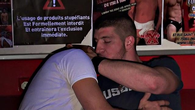 Amateur jock fucks eager gay bottom in public club