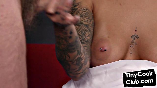 Femdom bride with pierced tits stroking hubby's cock