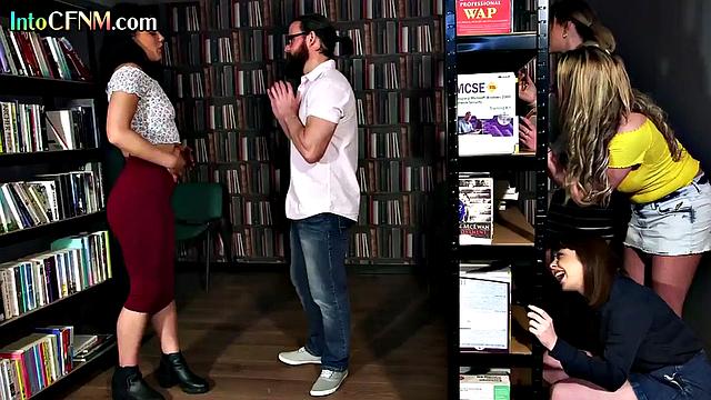 Beauty CFNM babes give BJ to lover