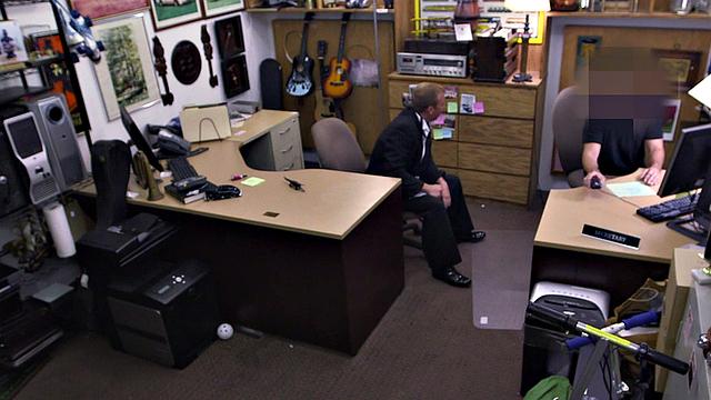 Pawnshop buyer gets fucked in anal 3some by owners
