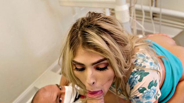 Blonde with small tits gets a good fucking from a hot Latin doctor in blindfolded high heels