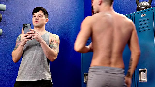 Locker room tattooed stud bareback fcks his BF till he cums
