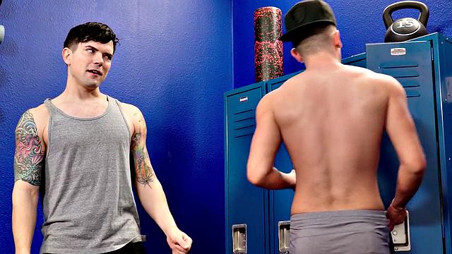 Locker room tattooed stud bareback fcks his BF till he cums