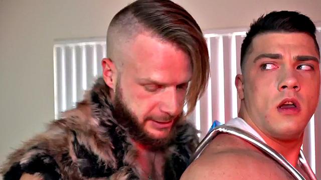 Smelling jock fucks muscled stud in cosplay anal