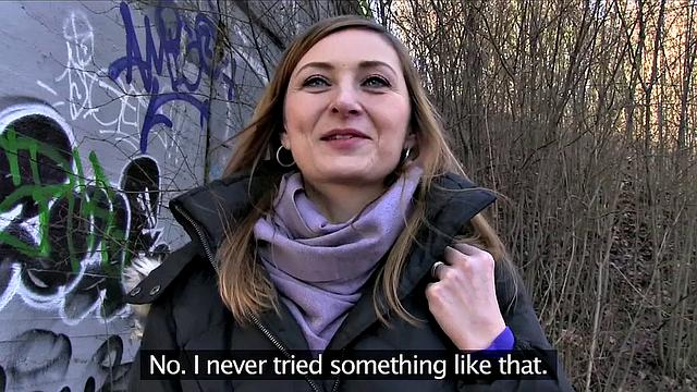 Sales lady has sex in the forest