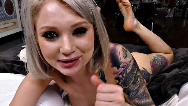 Deepthroat tattooed babe sucks and rides POV cock