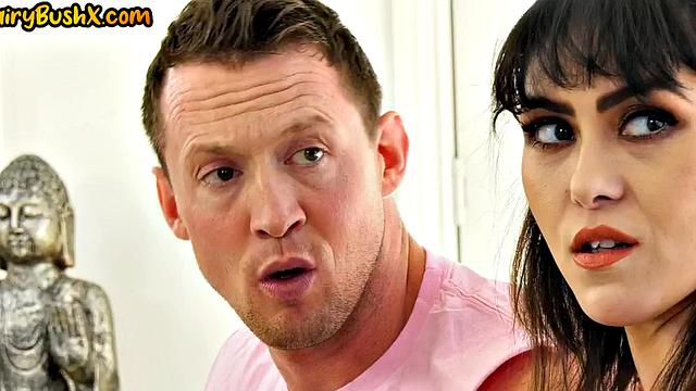 Hairybush babe deepthroats and pussyrammed in 3way