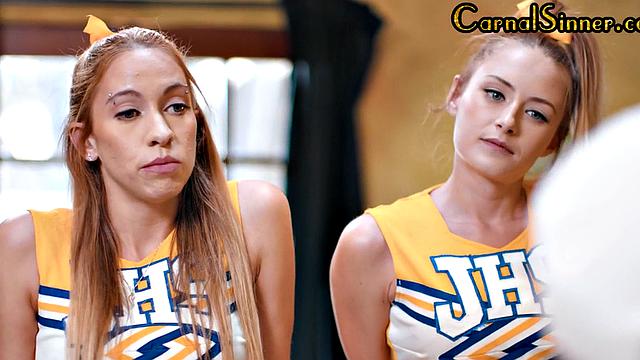Nympho cheerleaders seducing coach before analfuck in office