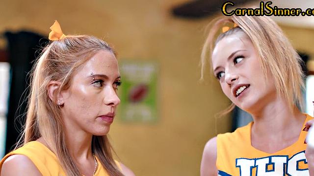 Nympho cheerleaders seducing coach before analfuck in office