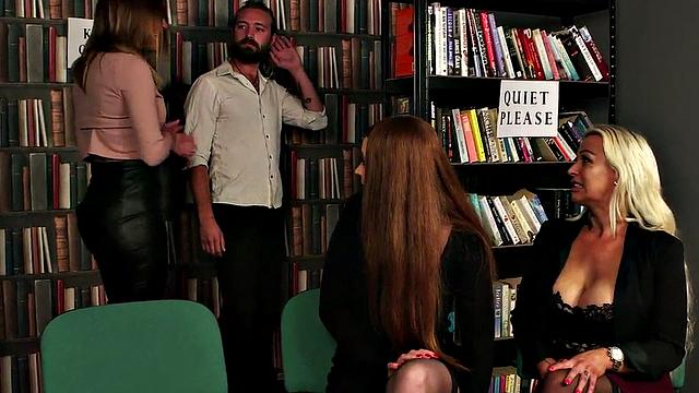 CFNM library femdoms suck cock in group action