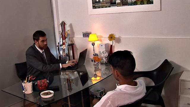 One of the Latino employees has screwed up on the job and daddy Andres needs to give the boy some schooling. With young Allen at his desk, Andres likes what he sees.