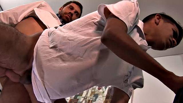 One of the Latino employees has screwed up on the job and daddy Andres needs to give the boy some schooling. With young Allen at his desk, Andres likes what he sees.