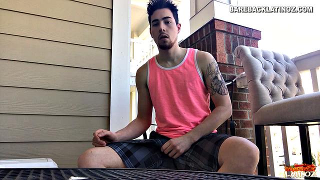 Our featured solo boy of the week is Cole Summers. Seated outside, he frequently looks over his shoulders as his stiff dick comes out and he begins stroking.