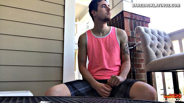 Our featured solo boy of the week is Cole Summers. Seated outside, he frequently looks over his shoulders as his stiff dick comes out and he begins stroking.