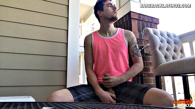 Our featured solo boy of the week is Cole Summers. Seated outside, he frequently looks over his shoulders as his stiff dick comes out and he begins stroking.