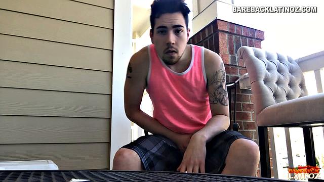 Our featured solo boy of the week is Cole Summers. Seated outside, he frequently looks over his shoulders as his stiff dick comes out and he begins stroking.