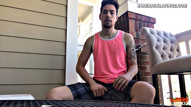 Our featured solo boy of the week is Cole Summers. Seated outside, he frequently looks over his shoulders as his stiff dick comes out and he begins stroking.