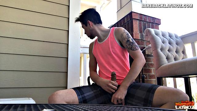 Our featured solo boy of the week is Cole Summers. Seated outside, he frequently looks over his shoulders as his stiff dick comes out and he begins stroking.