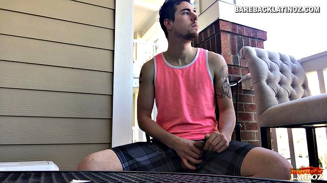 Our featured solo boy of the week is Cole Summers. Seated outside, he frequently looks over his shoulders as his stiff dick comes out and he begins stroking.