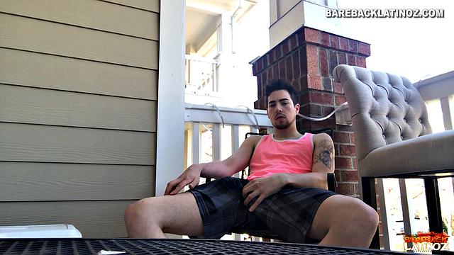 Our featured solo boy of the week is Cole Summers. Seated outside, he frequently looks over his shoulders as his stiff dick comes out and he begins stroking.