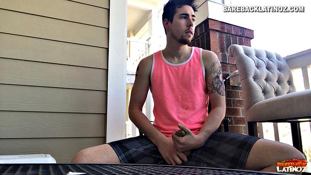 Our featured solo boy of the week is Cole Summers. Seated outside, he frequently looks over his shoulders as his stiff dick comes out and he begins stroking.