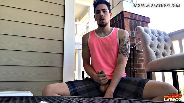 Our featured solo boy of the week is Cole Summers. Seated outside, he frequently looks over his shoulders as his stiff dick comes out and he begins stroking.