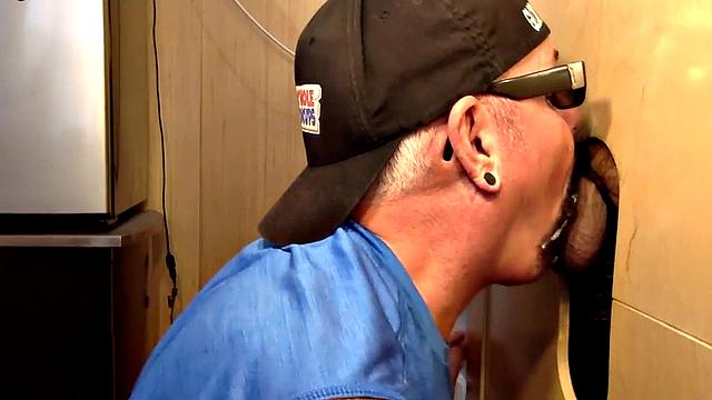 Gloryhole DILF sucks dick for fresh cum in mouth