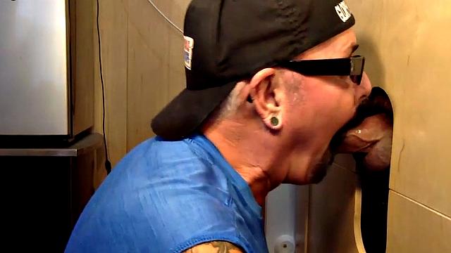 Gloryhole DILF sucks dick for fresh cum in mouth