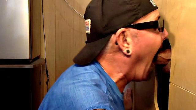 Gloryhole DILF sucks dick for fresh cum in mouth