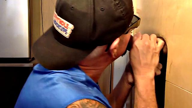 Gloryhole DILF sucks dick for fresh cum in mouth