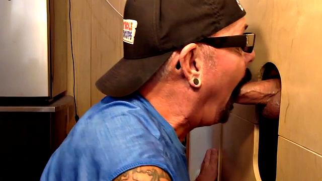 Gloryhole DILF sucks dick for fresh cum in mouth