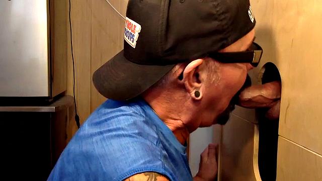 Gloryhole DILF sucks dick for fresh cum in mouth