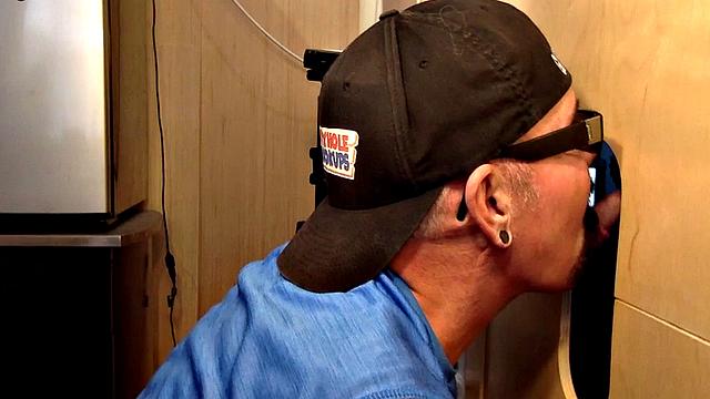 Gloryhole DILF sucks dick for fresh cum in mouth