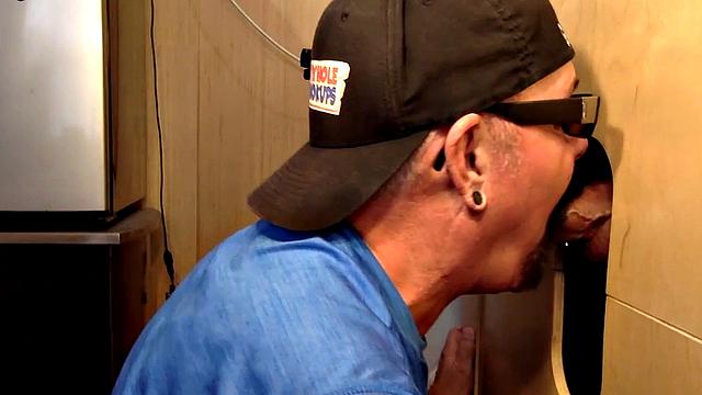 Gloryhole DILF sucks dick for fresh cum in mouth