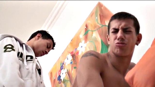 We look in on a couple of horny Latin boys who hook up for some hot sex action. One of them insists on leaving his hoodie on, but it doesn't matter to the other one. He just loves his huge cock.