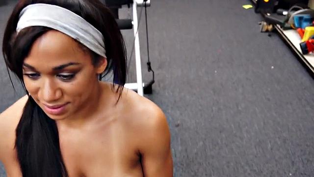 Sporty ebony customer fucks shop owner in missionary